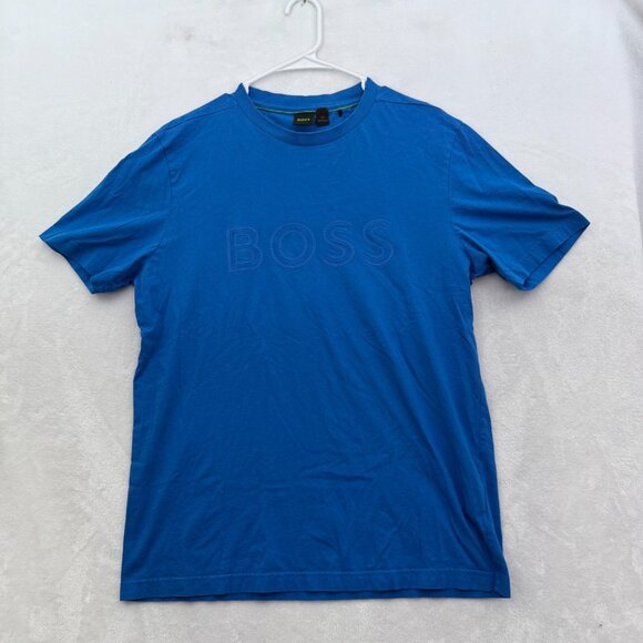 Hugo Boss T Shirt Mens L Blue Logo Spell Out Basic Casual Stretch - Picture 1 of 10